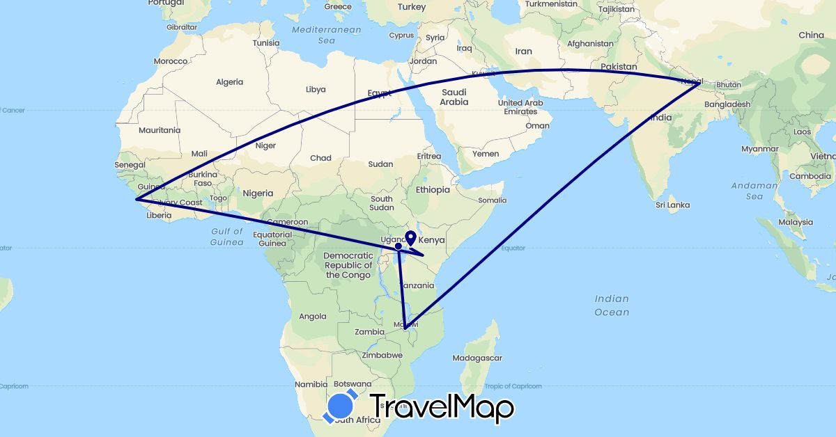 TravelMap itinerary: driving in Kenya, Malawi, Nepal, Sierra Leone, Uganda (Africa, Asia)